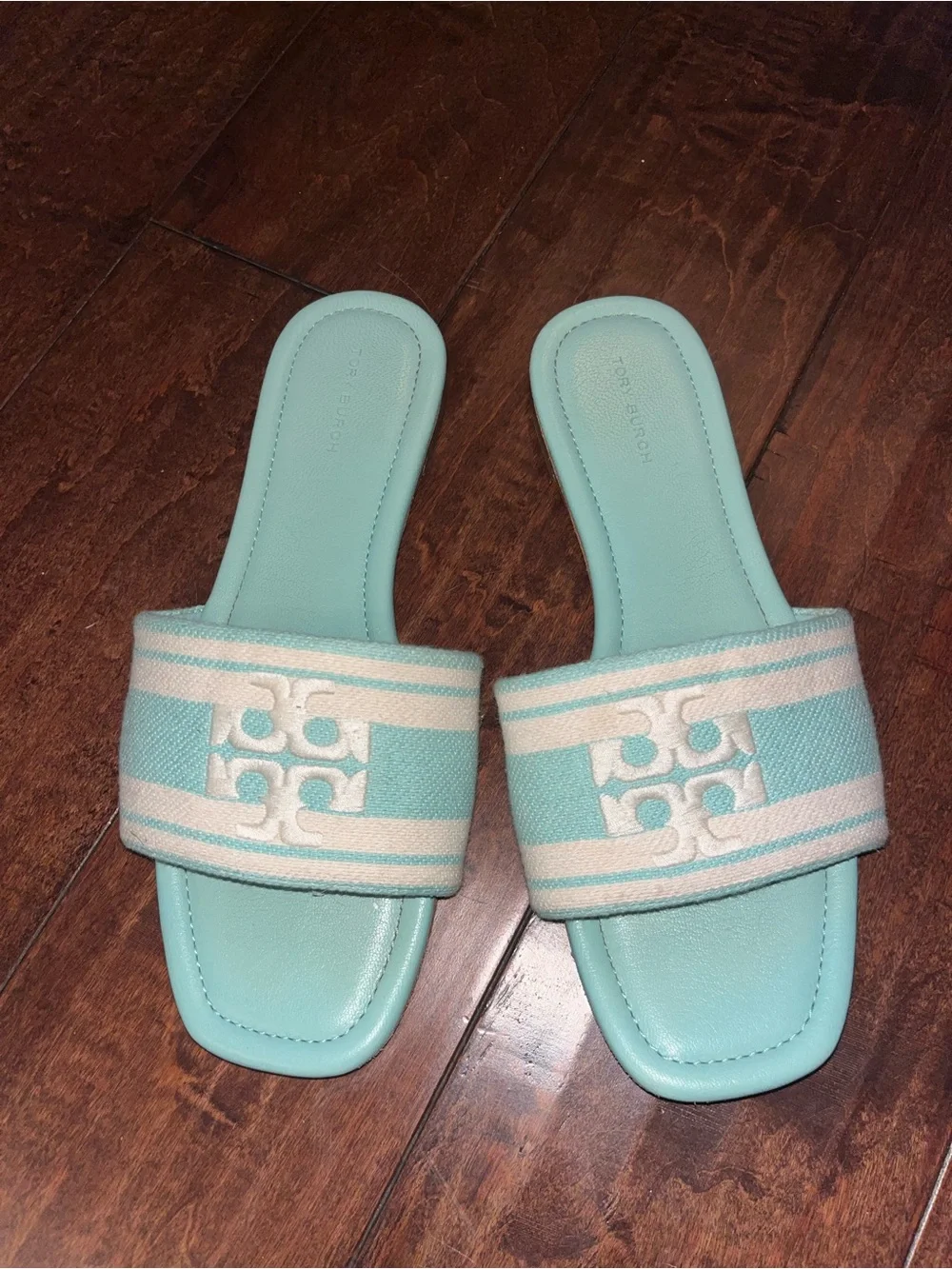 Tory Burch Mint Slide Sandals with Ivory Stripes